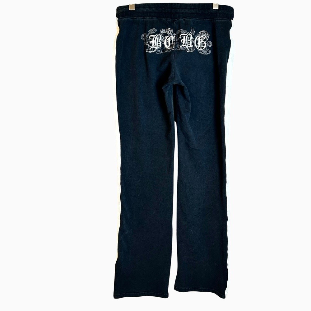 BCBG Y2K Workout Black Sweatpants Embroidered Logo Wide Leg Striped Size Largre
